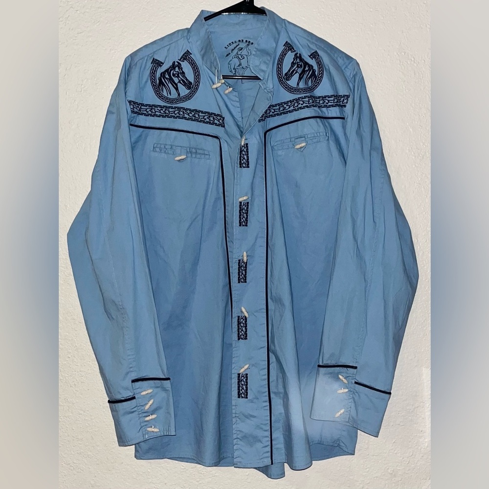 Vintage Rare Linea De Oro Cowboy Western Button Up Shirt Horses Blue Size L EUC